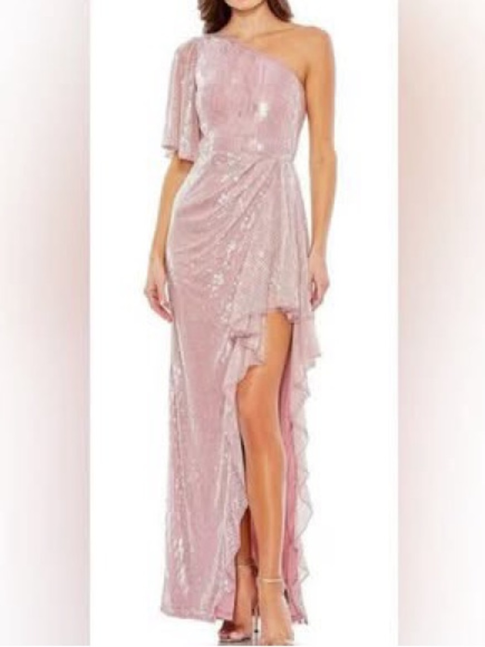 Mac Duggal Sequin One Shoulder Short Sleeve Ruffle Thigh High Slit Dress 93662